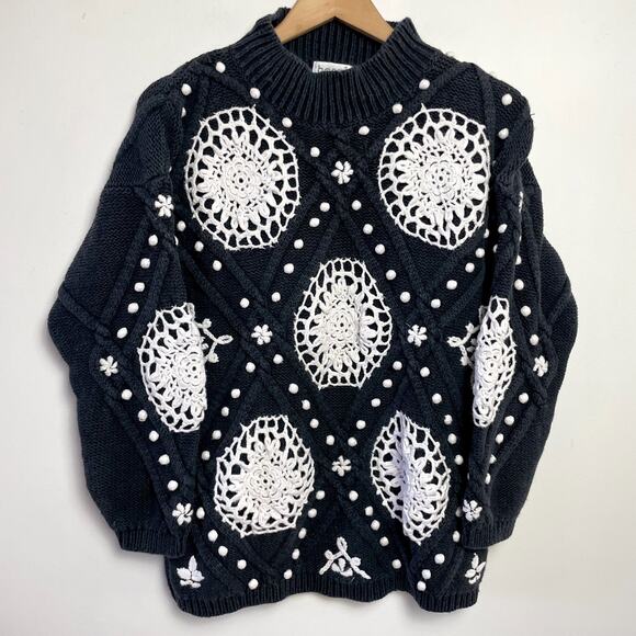 boaz Sweaters - Vintage 80s 90s Granny Crochet Sweater Large Popcorn Knit Cottage Doily Romantic